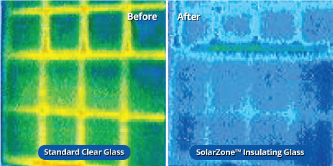 Side by side diagram of thermal images showing more heat allowed in by standard windows and less heat allowed in by SolarZone™ windows
